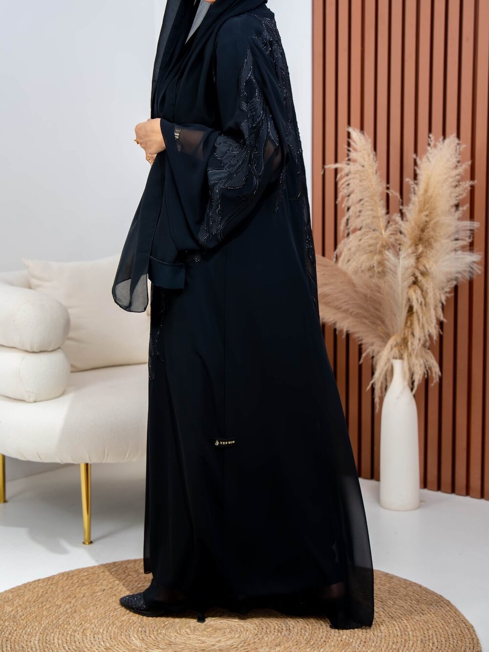 Black Floral Overlay Abaya with or without Pockets - Image 4