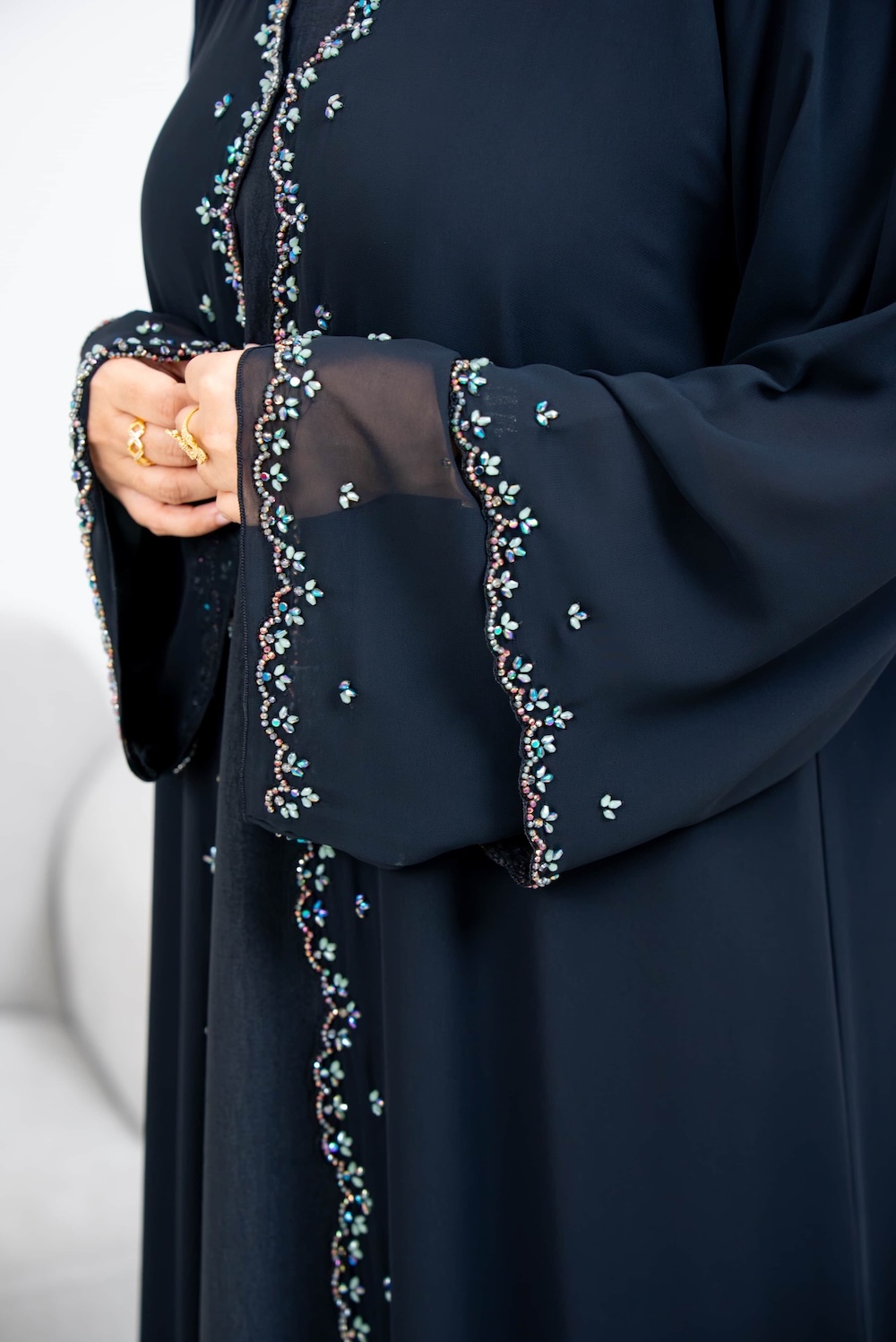 Black Beaded-Border Abaya with or without Pockets