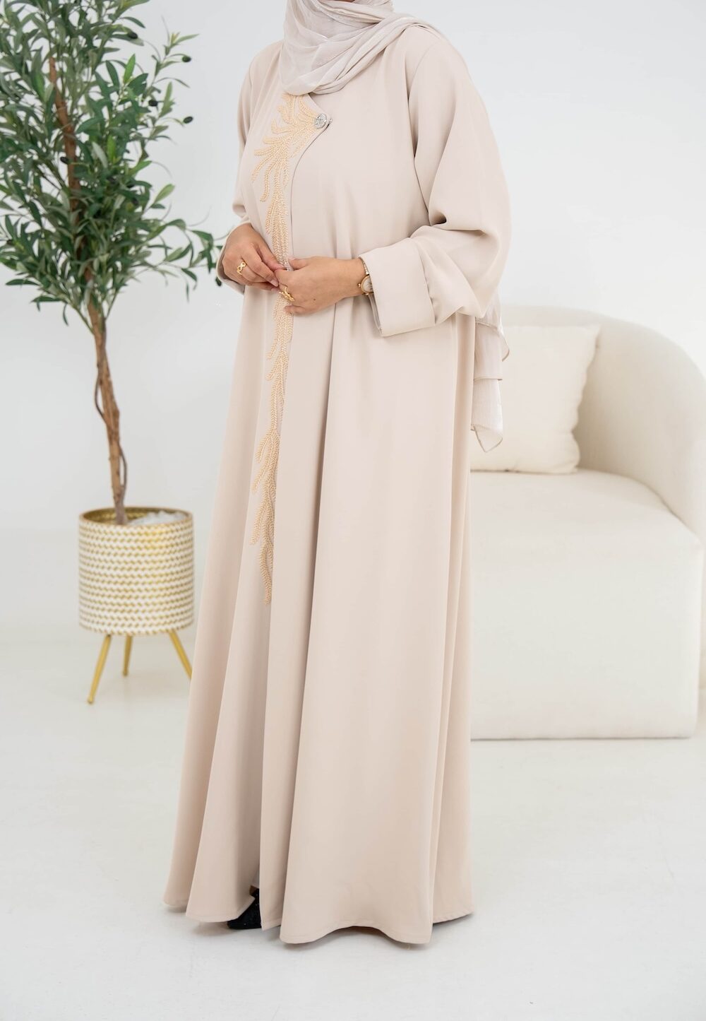 Beige Gold Leaf Abaya with or without Pockets