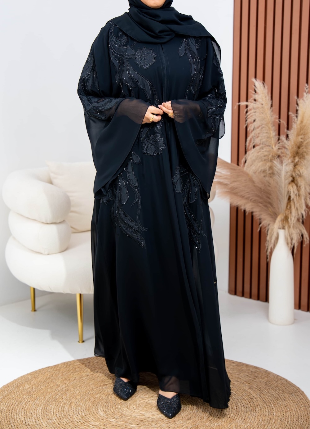 Black Floral Overlay Abaya with or without Pockets