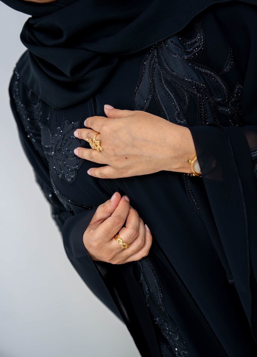 Black Floral Overlay Abaya with or without Pockets - Image 2