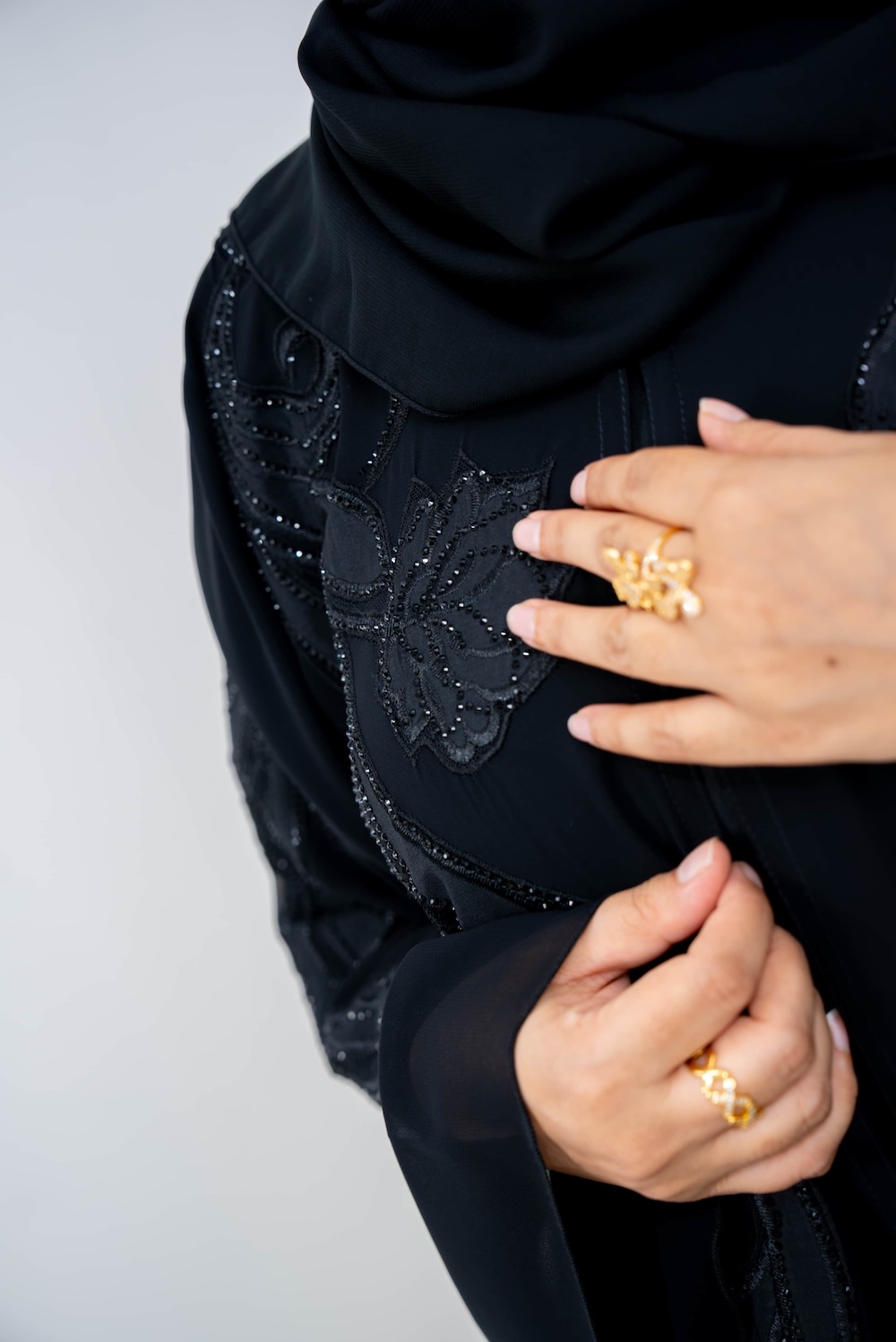 Black Floral Overlay Abaya with or without Pockets - Image 3