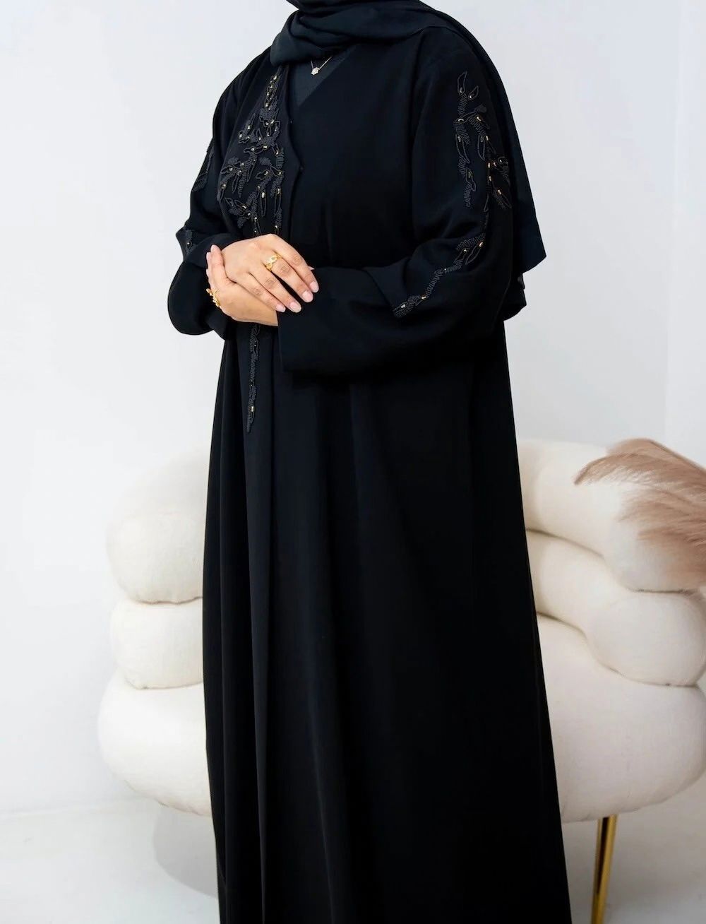 Black Leaf Embellished Abaya with or without Pockets