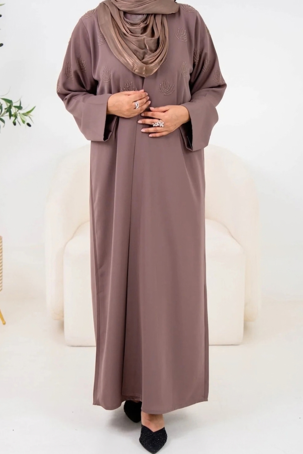 Dusty Mauve Leaf Embellished Abaya with or without Pockets