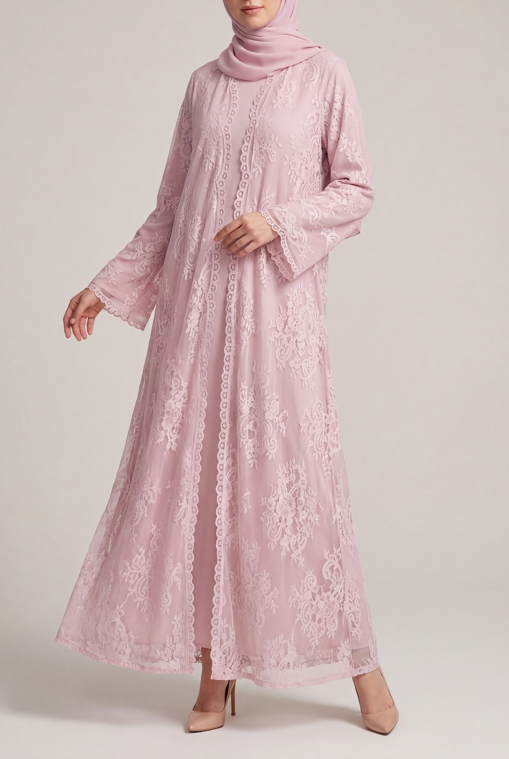 Blush Pink French Lace Abaya with Pockets