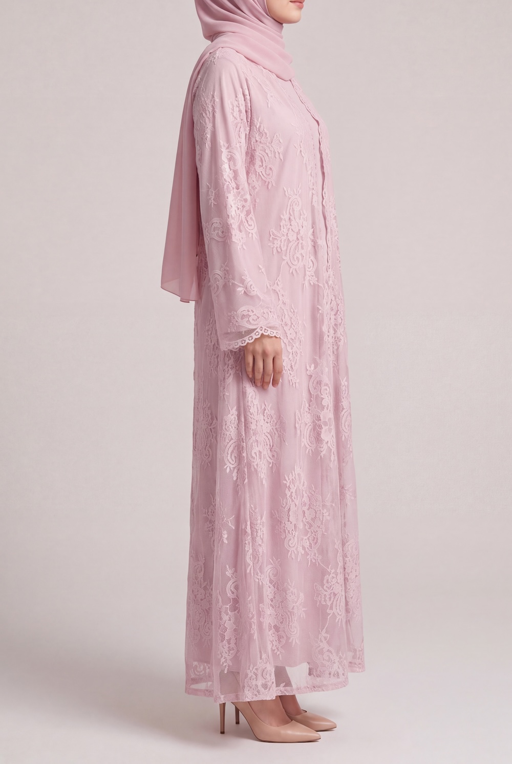 Blush Pink French Lace Abaya with Pockets - Image 2