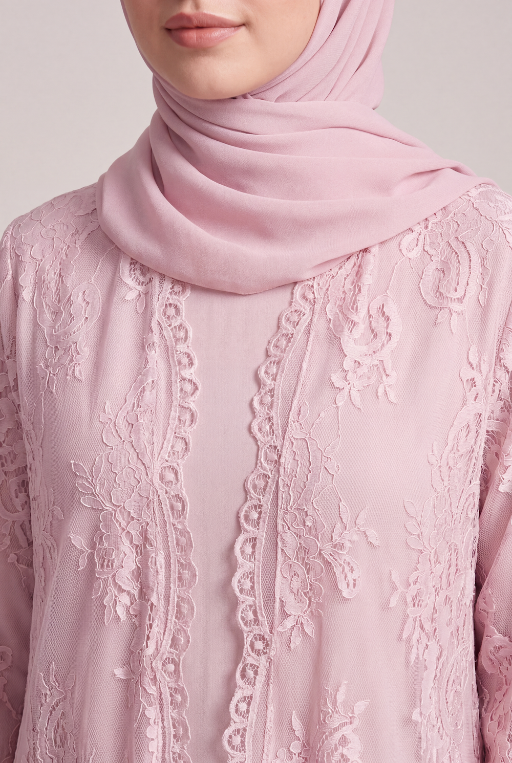 Blush Pink French Lace Abaya with Pockets - Image 3