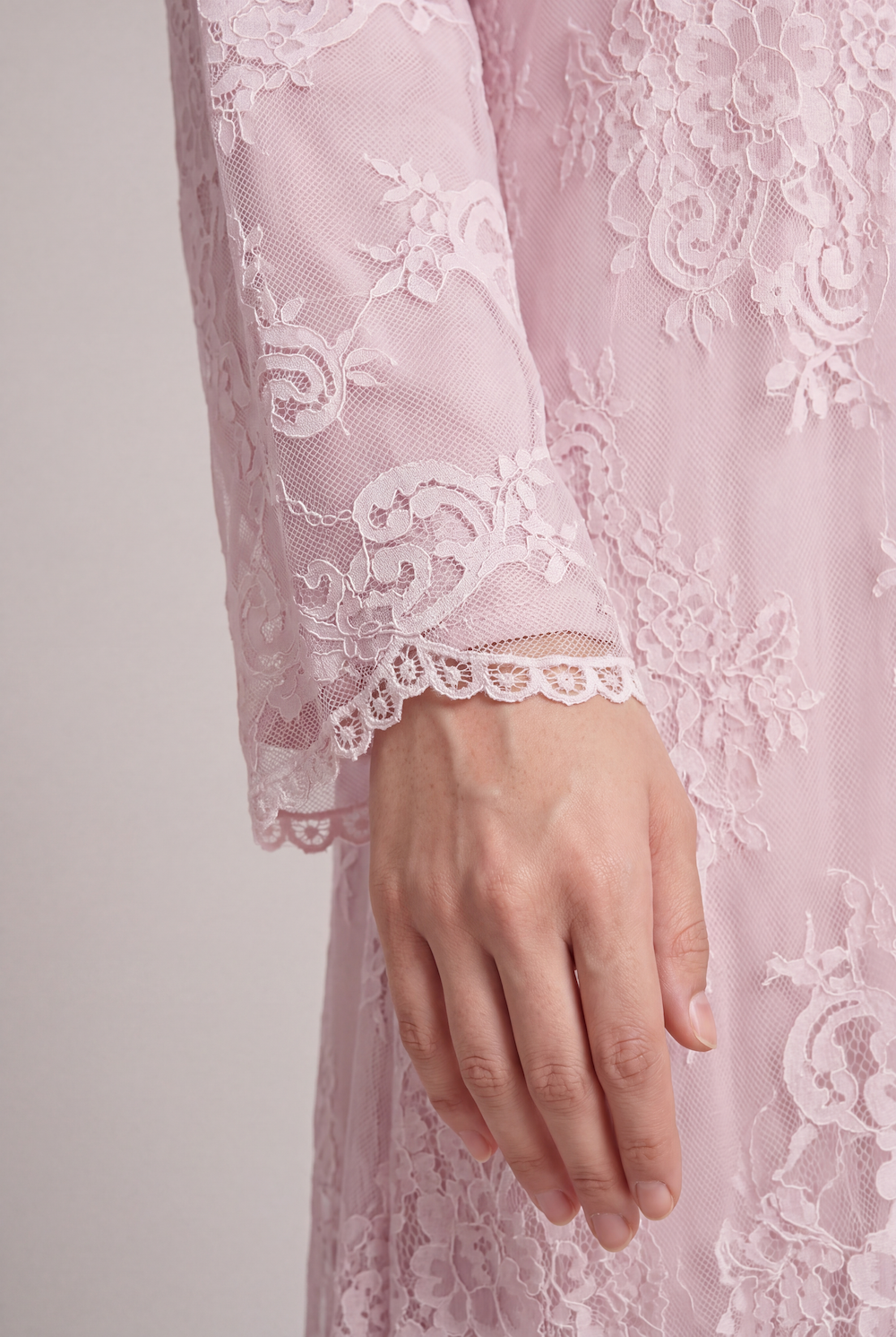 Blush Pink French Lace Abaya with Pockets - Image 4