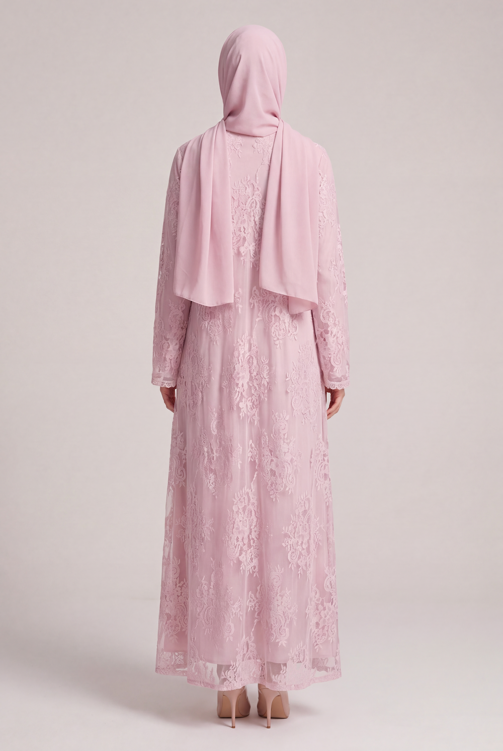 Blush Pink French Lace Abaya with Pockets - Image 5