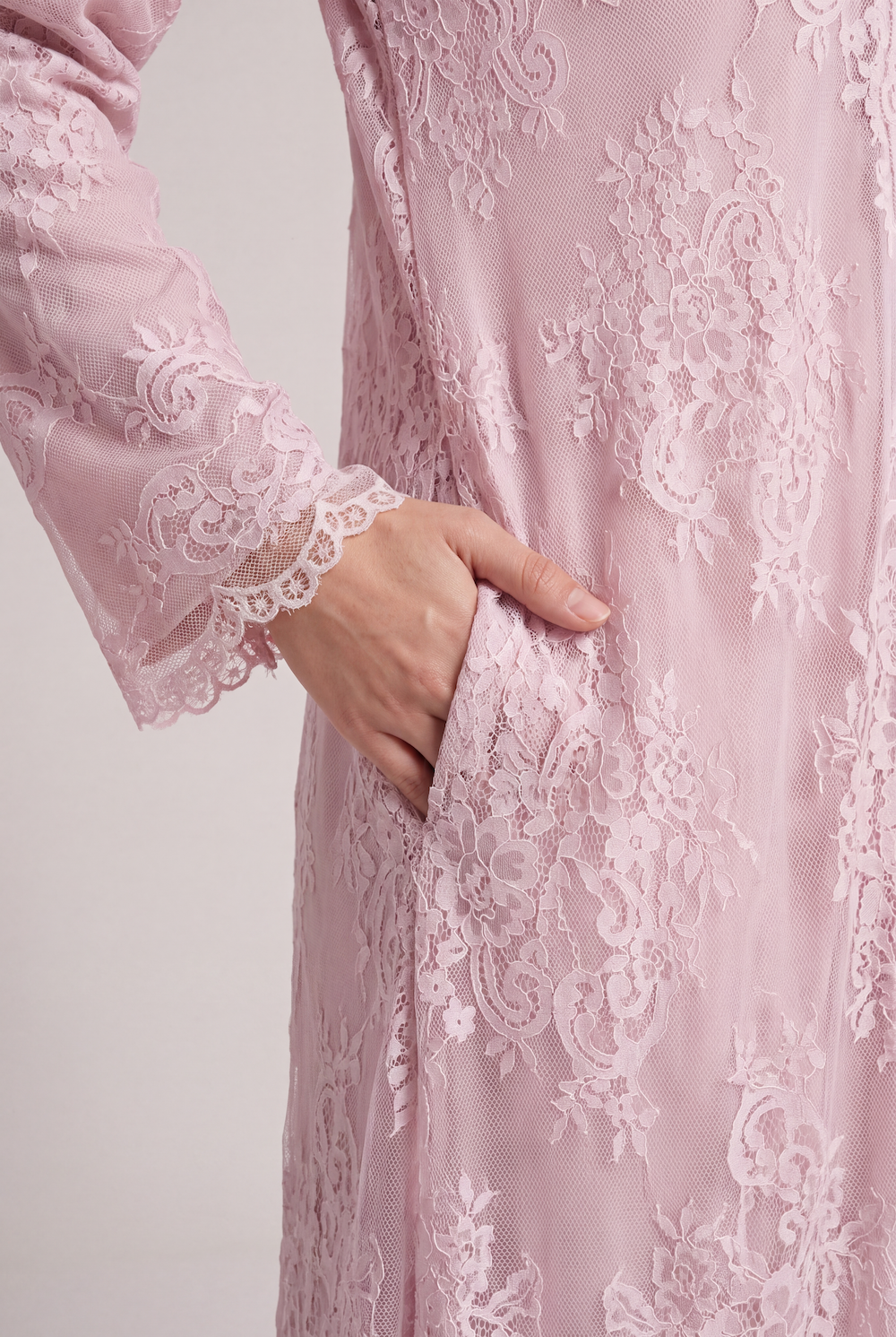 Blush Pink French Lace Abaya with Pockets - Image 6