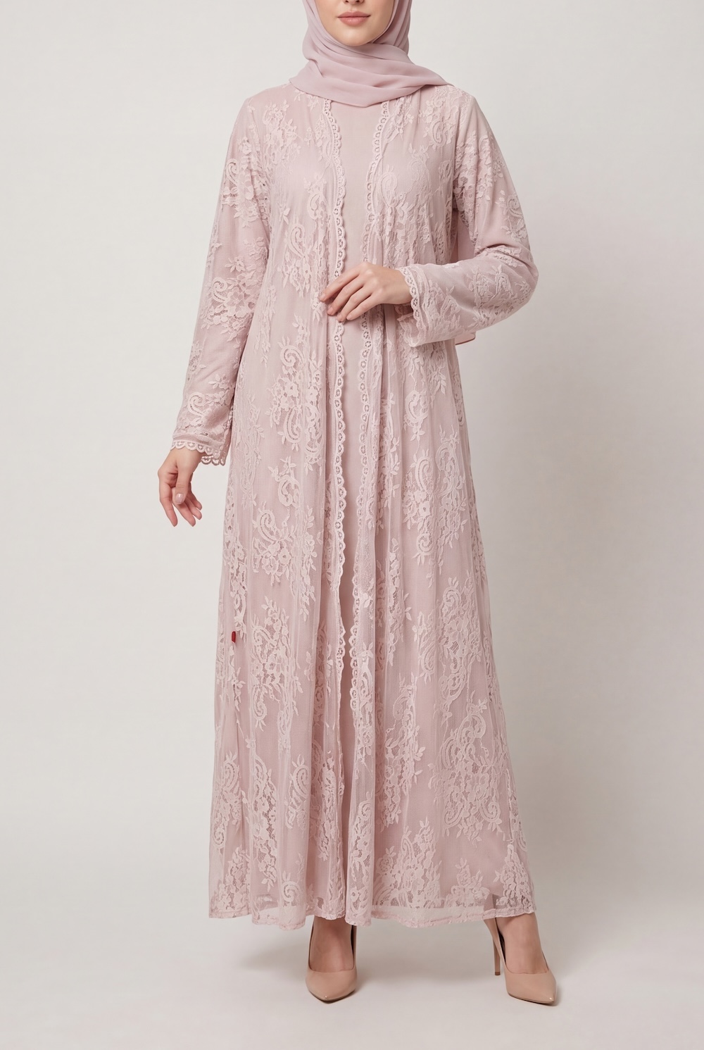 Soft Pink French Lace Abaya with Pockets
