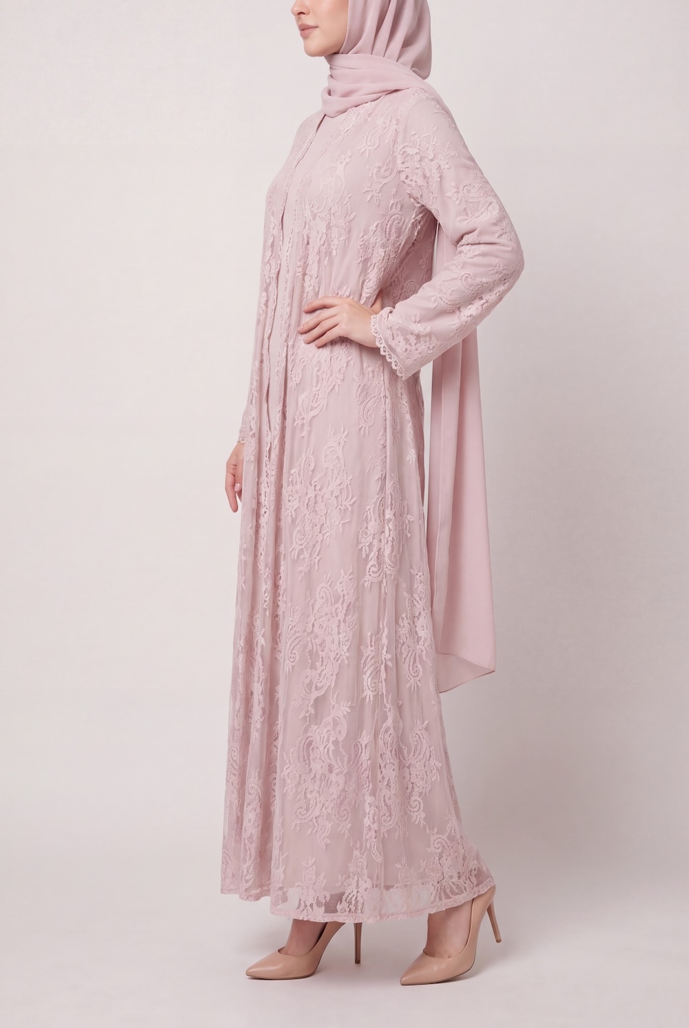 Soft Pink French Lace Abaya with Pockets - Image 2
