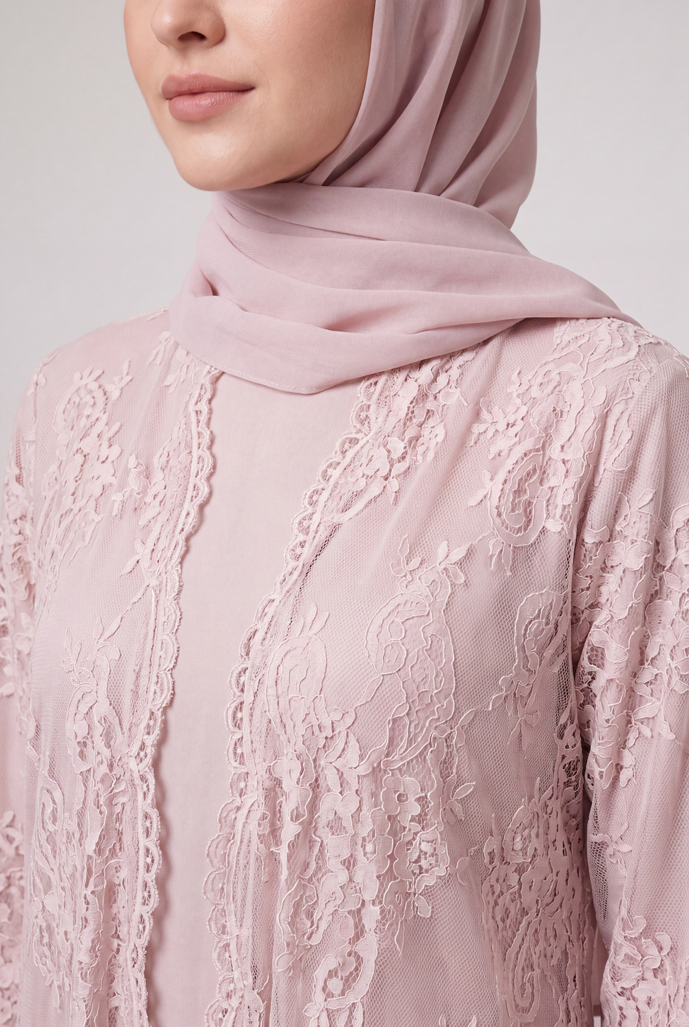 Soft Pink French Lace Abaya with Pockets - Image 3