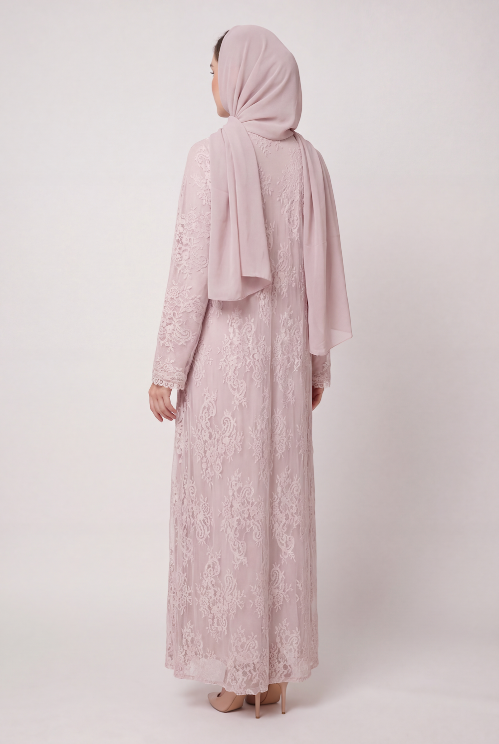 Soft Pink French Lace Abaya with Pockets - Image 4