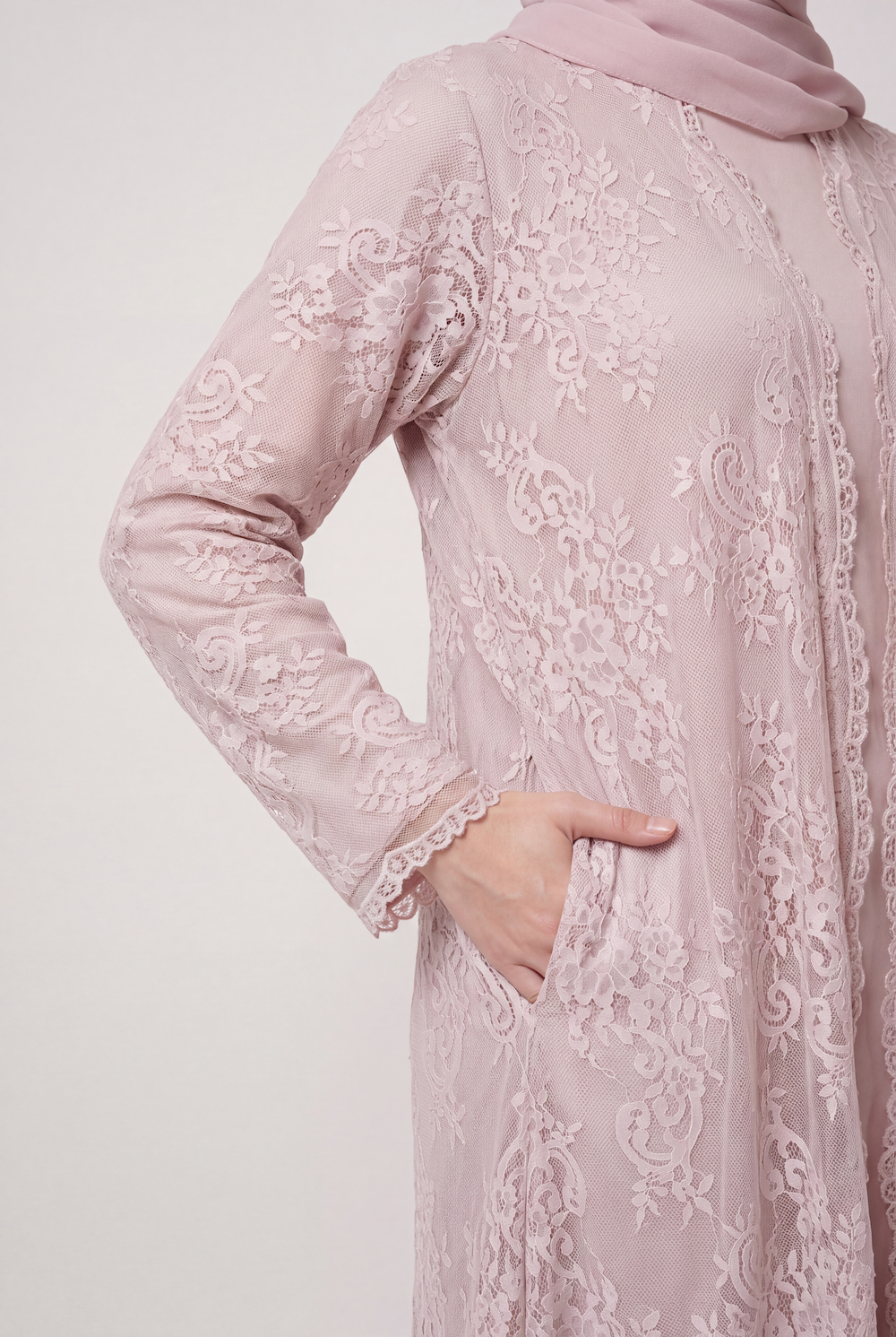 Soft Pink French Lace Abaya with Pockets - Image 5