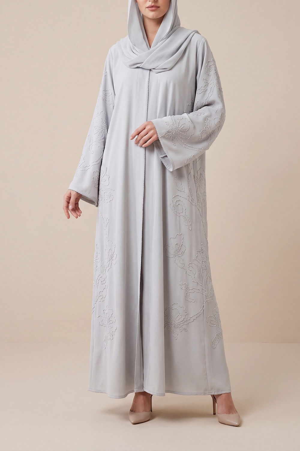 Ice Blue Ella Crepe Abaya with Handmade Detailing