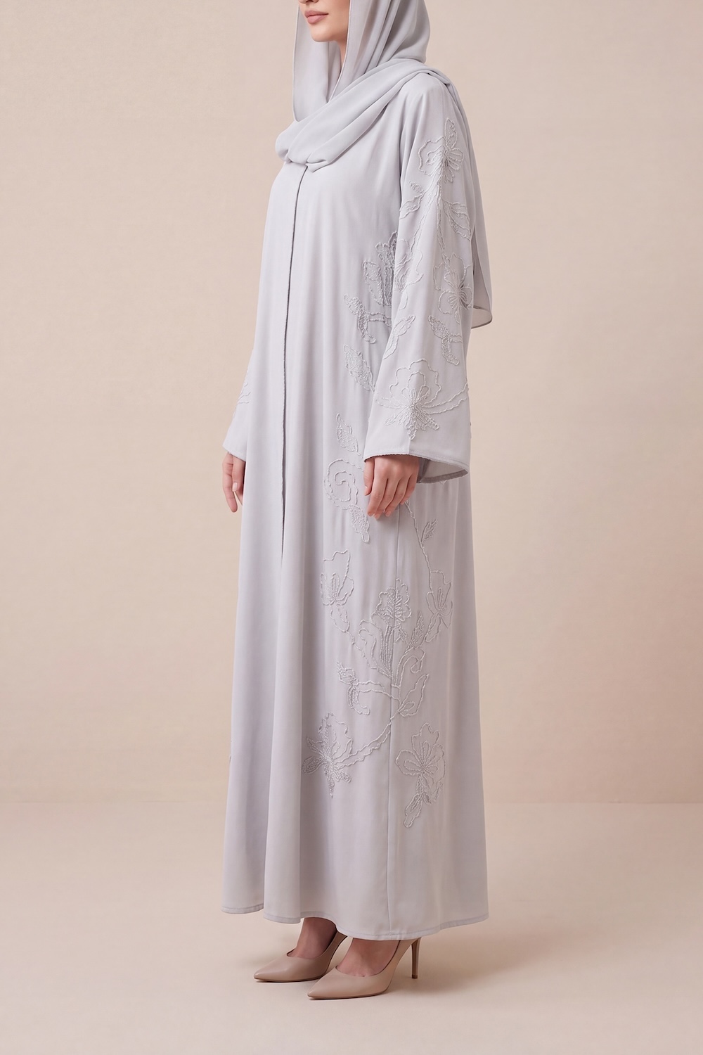 Ice Blue Ella Crepe Abaya with Handmade Detailing - Image 4