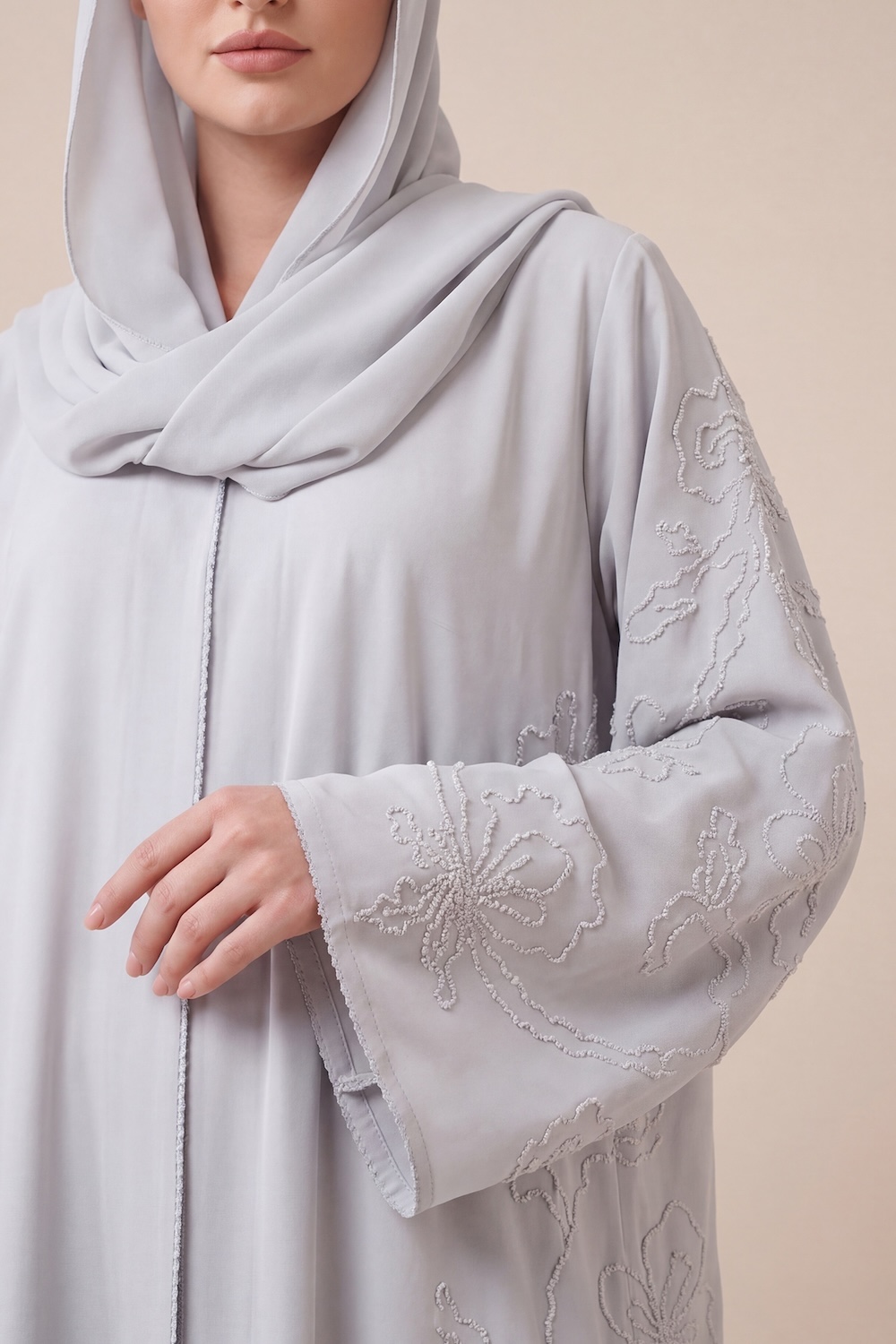 Ice Blue Ella Crepe Abaya with Handmade Detailing - Image 5