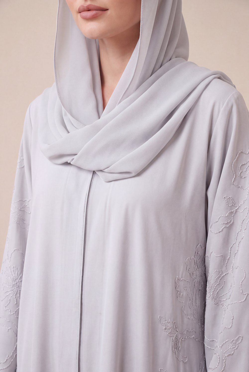Ice Blue Ella Crepe Abaya with Handmade Detailing - Image 3