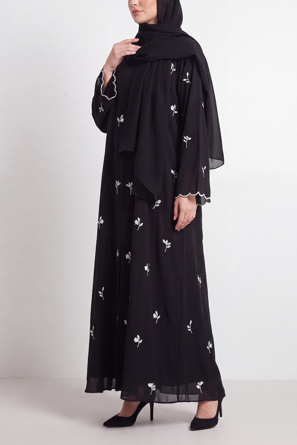 Black Floral Abaya with Pockets