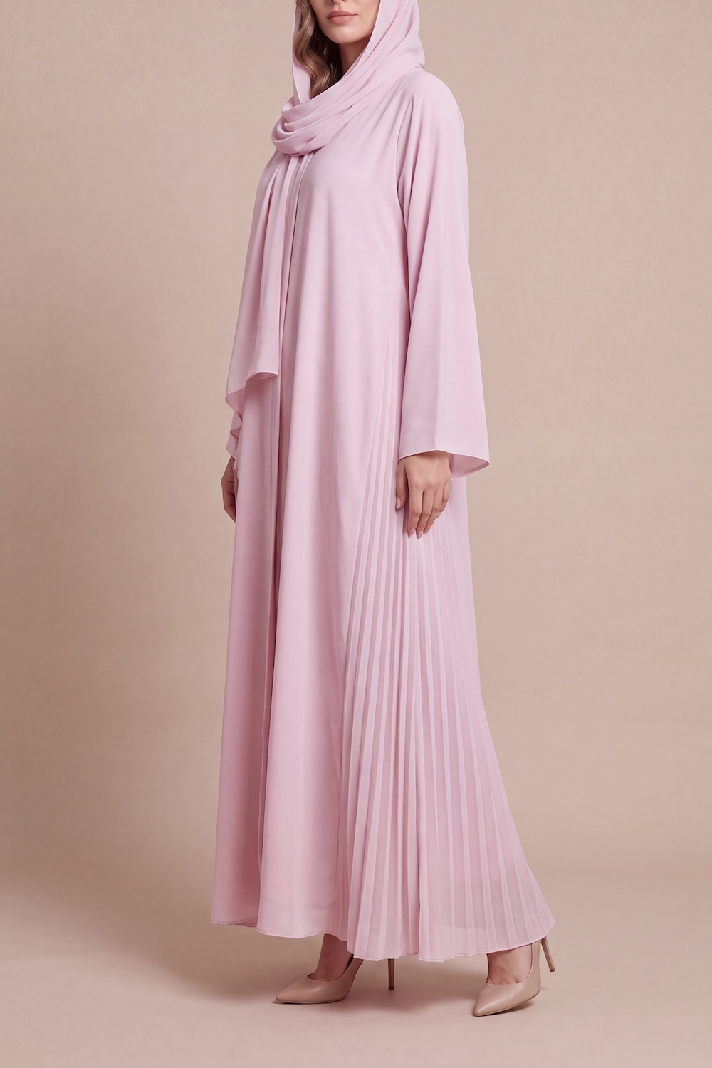 Pearl Pink Pleated Abaya - Image 2