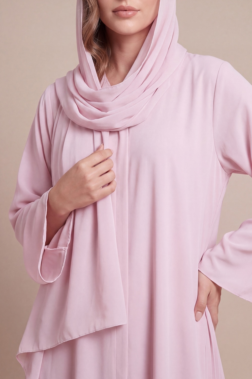 Pearl Pink Pleated Abaya - Image 3